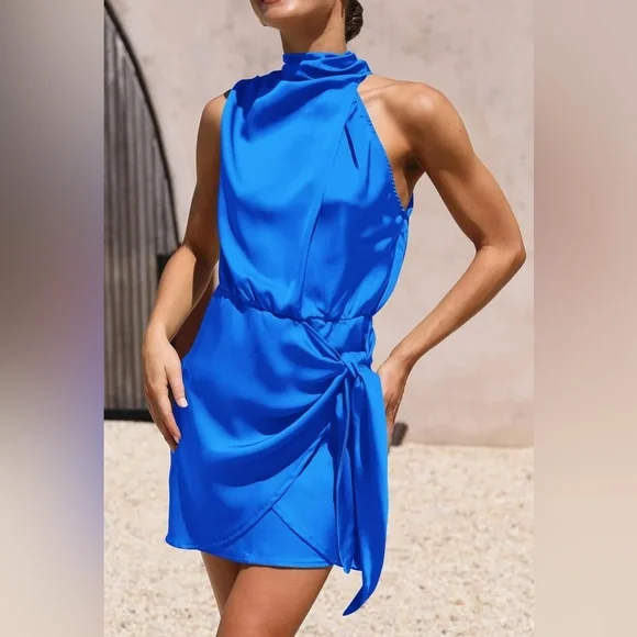 PRETTYGARDEN Formal Satin Dress Sleeveless Mock Neck Tie Waist - size XL - Picture 6 of 11